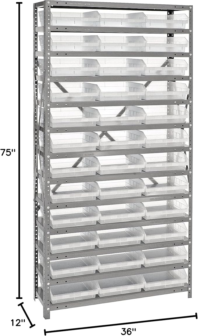 Quantum Storage Systems 1275-109CL Clear-View Sloped Shelving Unit with 4" Shelf Bins, 36 QSB109 Shelf Units, 12" D x 36" W x 75" H