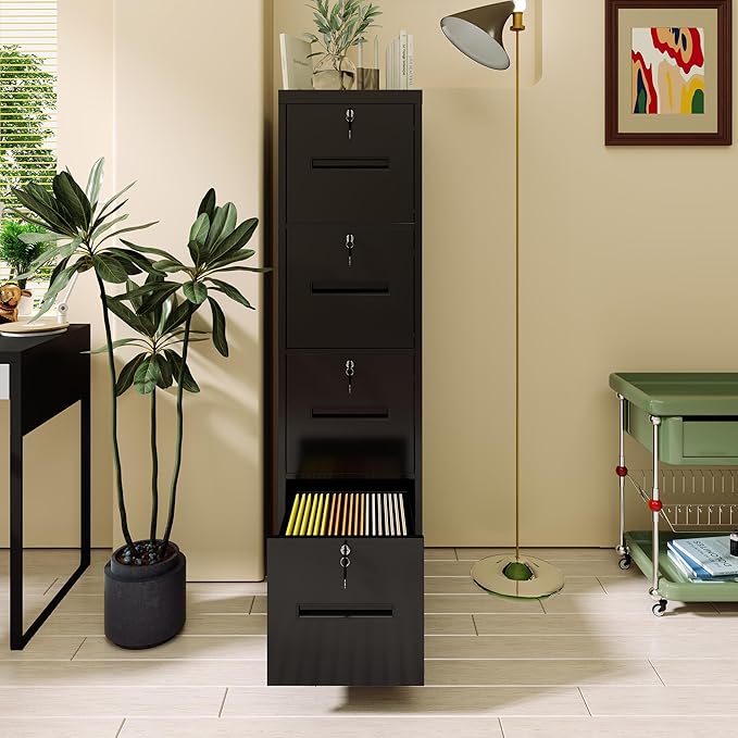 4 Drawer File Cabinet with 4 Lock, Metal Filing Cabinet, Heavy Duty Vertical File Cabinets for Home Office, Steel File Storage Cabinets for Letter/Legal File Folders, Assembly Required (Black)