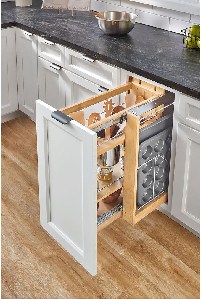 Rev-A-Shelf 8" Pull Out Storage Organizer for Base Kitchen Cabinets w/ Soft-Close, Sliding Shelves for Utilities, Utensils or Spices, 448UT-BCSC-8C