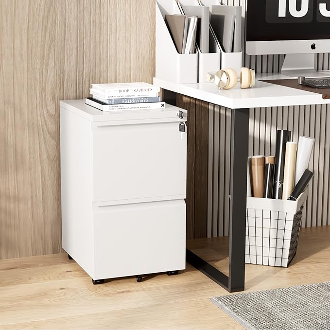 Greenvelly 2 Drawer Mobile File Cabinet with Lock, Metal Filing Cabinet on Wheels, Under Desk File Cabinet for Home Office Organizer Letter/Legal/A4 File (Assembly Required, White)