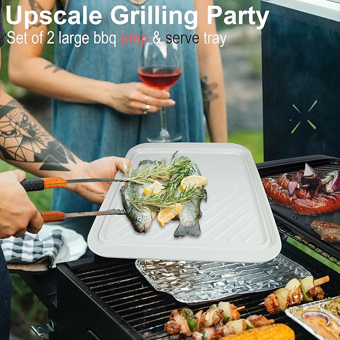 Extra Large Grilling Prep and Serve Trays, 17.3x13 inch BBQ Tray for Raw and Cooked Food, Melamine Serving Trays for Food, Set of 2, Black and White