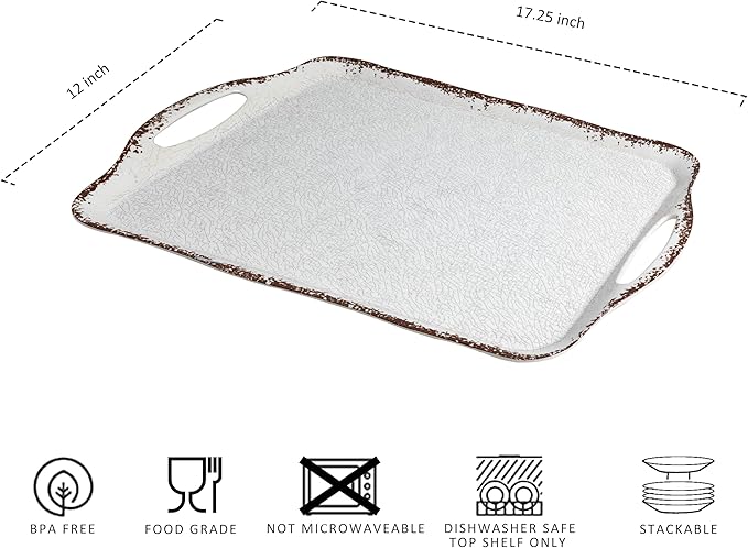 LEHAHA Vintage White Large Serving Tray with Handles, 17.25x12 inch, Set of 2 Melamine Platters for Serving Food, Turkey, Cookie, Rectangular Trays for Eating, Crackled Finish with Rustic Raised Rim.