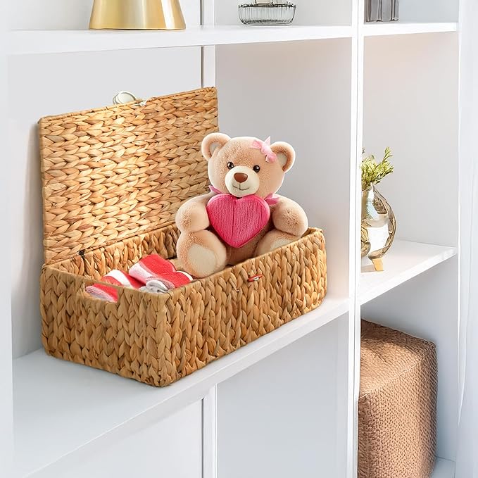 KOKODO Rectangular Water Hyacinth Basket with Lid for Organizing, Wicker Basket with Lid for Shelves and Closet, Handwoven Storage Basket with Lid and Handles