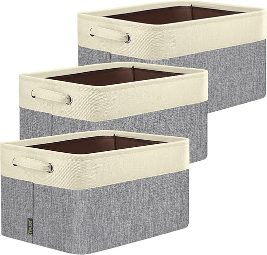 BALEINE 3 Pack Fabric Storage Bins for Shelves, Linen Storage Baskets for Organizing, Decorative Closet Bins for Clothes, Home (Grey, 14''x10''x8.5'')