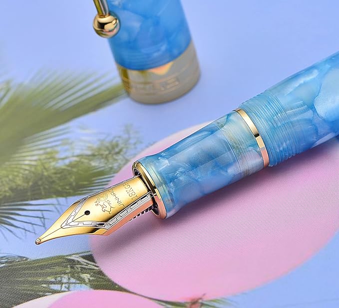 Jinhao 100 Fountain Pen Celluloid Classic Style, #6 Nib Smooth Writing Instrument with Refillable Converter and Pen Case Set