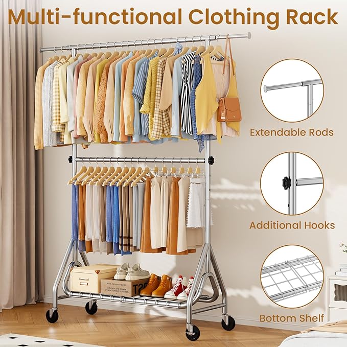 Heavy Duty Clothes Rack for Hanging Clothes, Double Rods Clothing Rack with Lockable Wheels, Rolling Garment Racks with Shelf, Easy to Assemble, Silver