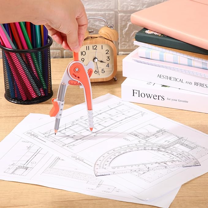 EBOOT Student Geometry Math Set, Drawing Compass and 6 Inch Clear Swing Arm Protractors 180 Degree Math Protractor(Watermelon Red)