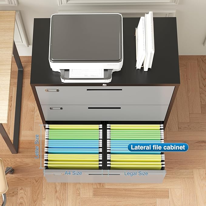 3 Drawer File Cabinet, Lateral Filing Cabinets for Home Office, Office Storage Drawers with Lock, Hanging Files Legal/Letter A4 Size (Assemble Required,Black Grey)