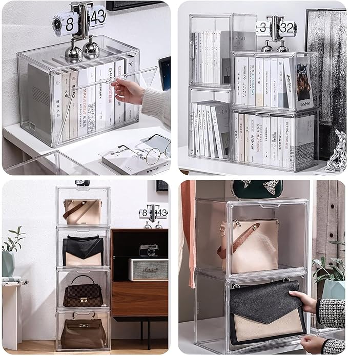 Clear Stackable Plastic Storage Bins with Magnetic Lid, Dustproof Book & Cosmetic Display Cases, Large Figures Collectibles Showcase, Shoe Box, Protection Organizer (Clear-L-3 Pack)