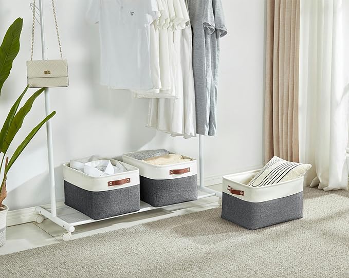 DECOMOMO Storage Baskets for Shelves - Fabric Storage Bins, Linen Closet Organizers and Storage (Slate Grey & White, Large - 3 Pack)