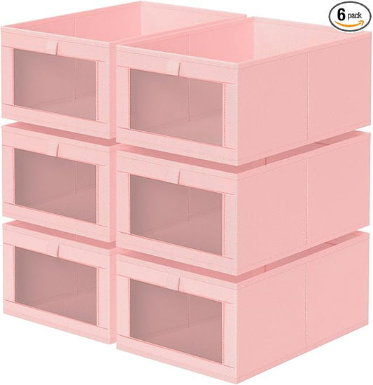 Criusia 6 Pack Linen Closet Organizers and Storage, Large Linen Closet Baskets for Organization, Foldable Storage Containers for Clothing, Towels, Jeans, Books, Shelves, Pink