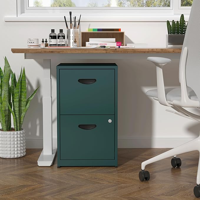 2 Drawer File Cabinet, Metal Two Drawer Vertical File Cabinets with Lock, 18" D Storage Filing Cabinet for Home Office, Steel Light Duty Storage for Letter-Size Files, Green, Assembly Required