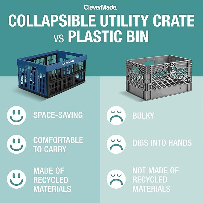 CleverMade Collapsible Utility Crates - Stone 3 Pack 45L / 11 Gal holds 66 lbs - Stackable Containers Heavy Duty Capacity Crates-Space-Saving Baskets