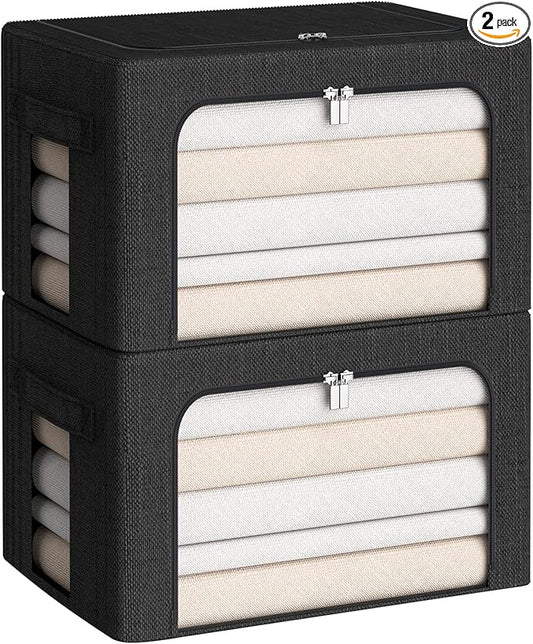CYhom Clothes Storage Bins Box - Linen Fabric Foldable Stackable Container Organizer Set with Clear Window & Carry Handles & Metal Frame (Black, Medium-36L)