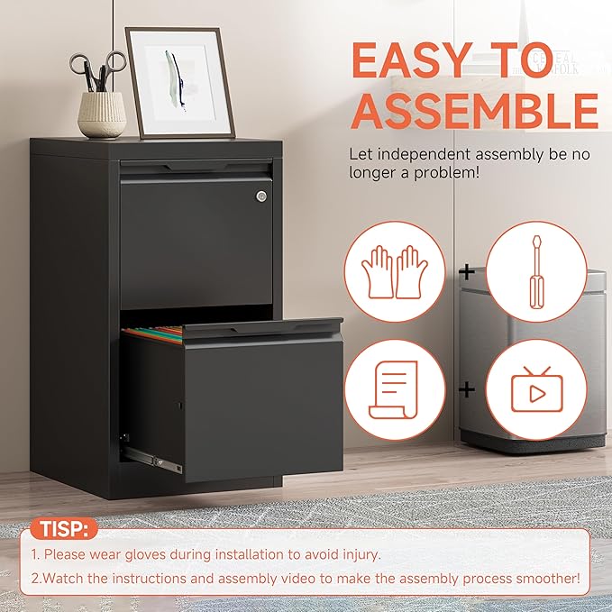 Metal Filing Cabinet With Lock, Vertical 2 Drawer Cabinet for Home Office/Legal/Letter/A4, Lockable for Hanging Files - Assembly Required/Black