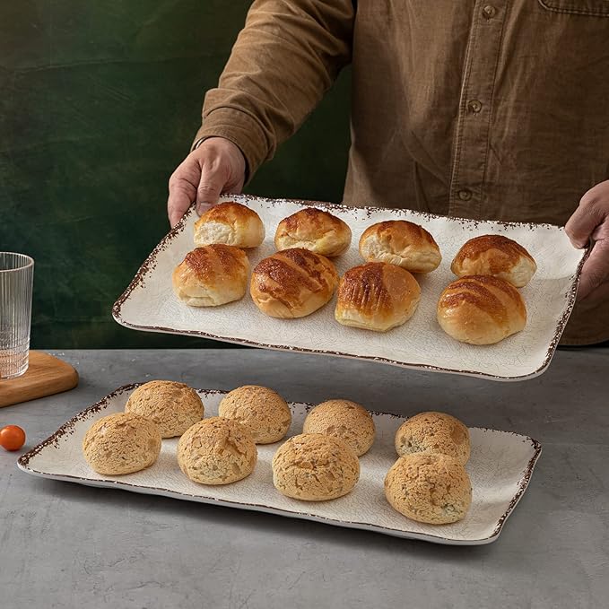 LEHAHA Farmhouse Large Serving Platters, 2 Piece Melamine Dinnerware Set, 17.5 x 10 Inches Vintage Serving Tray, Rectangle White Rustic Trays Set of 2