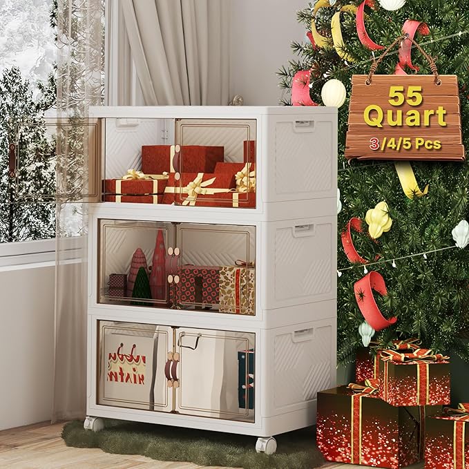 Extra Large Stackable Storage Bins with Lids & Wheels, Foldable Collapsible Closet Organizers Storage Cabinet with Doors for Bedroom Dorm (White, 165QT-55QT/14GAL*3Pack)