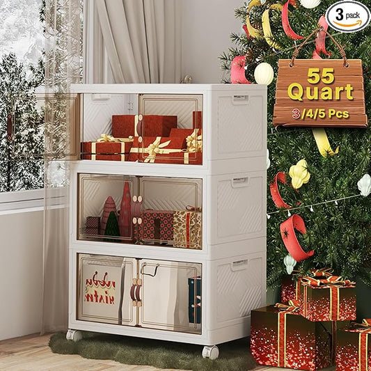 Stackable Storage Bins with Lids, Large Collapsible Storage Bins with Wheels, Plastic Cabinet with Doors, Foldable Closet Organizers for Home, Dorm, Office (White-55QT, 3Pack with 1Top Lid)