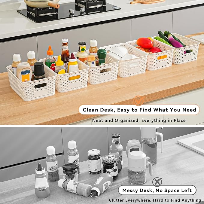 12 Pack Plastic Storage Baskets for Organizing, Storage Baskets for Shelves with Handles, Plastic Storage Bins with Labels, Organizer Baskets for Office, Pantry Organizers and Storage,Cabinet,Closet