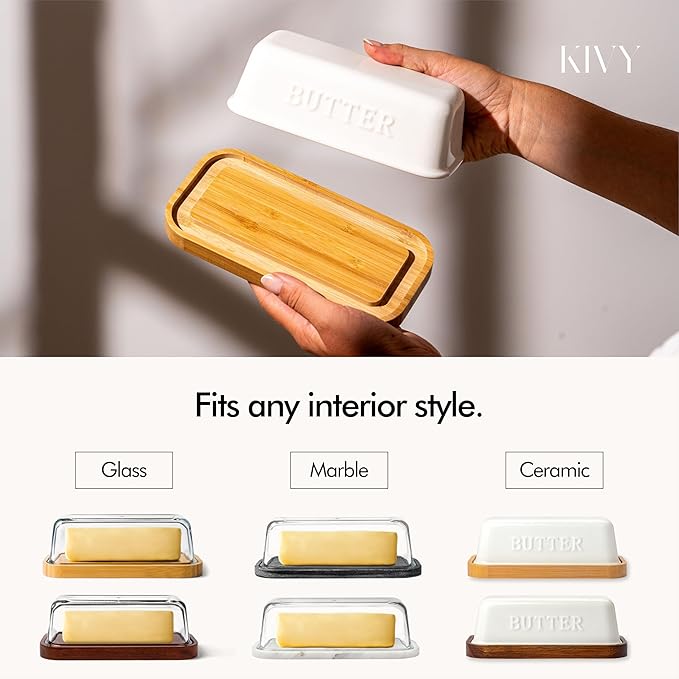 KIVY Glass butter dish with airtight lid that keeps butter soft - For countertop and refrigerator door shelf - Butter tray fridge - Butter holder for counter - Covered butter dishes with lid