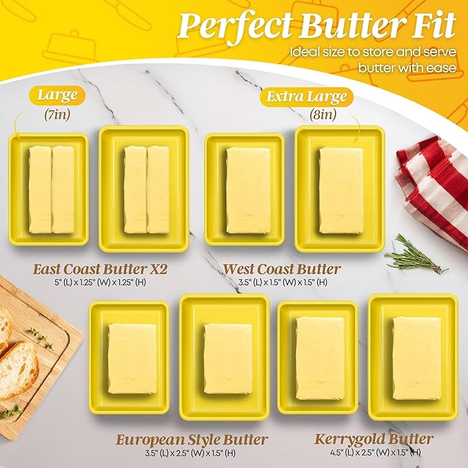 Flexzion Ceramic Yellow European Butter Dish with Lid for Countertop (8 Inch) - Wide 2 Stick Double Butter Holder for Counter, Cream Cheese Container Storage Keeper