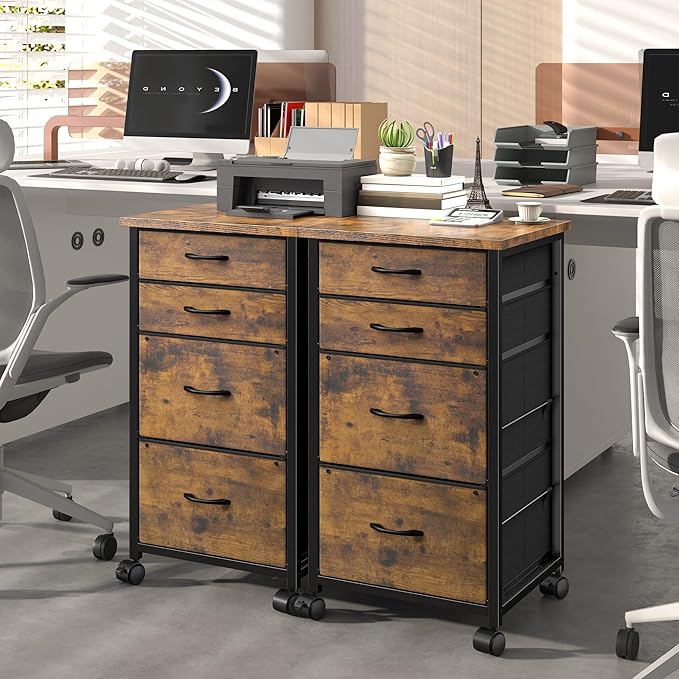 4 Drawers Mobile File Cabinet Vertical Filing Cabinet with Fabric Drawer Fits A4/Letter Size Printer Stand for Home Office，Rustic Brown