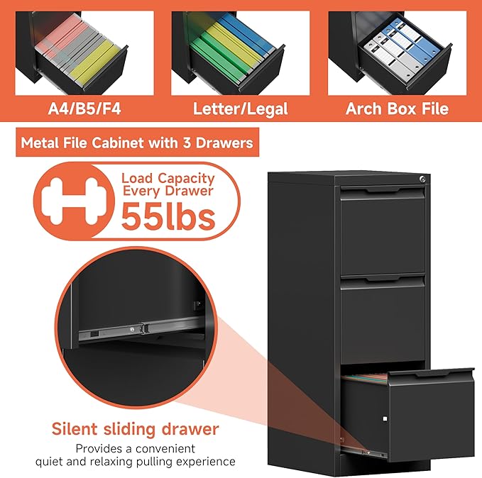 3 Drawer File Cabinet with Lock,Vertical Filing Cabinets for Home Office,Heavy Duty Metal File Cabinet for Hanging A4/Letter/Legal Size File,Vertical File Cabinet 15" W X 17.8" D X 38.3" H-Black