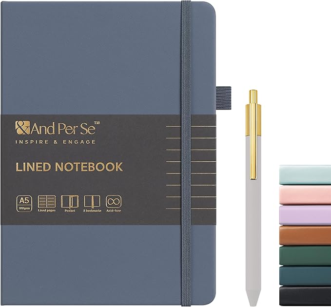 A5 Lined Leather Journal and Pen Set, Hardcover Notebook with Pen, 160 Pages 100gsm Thick Ruled Paper for for Women Men Work Business School or Home Writing, 5.7'' x 8'' (Dark Blue)