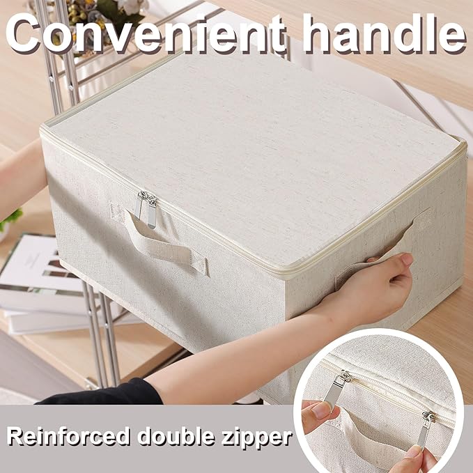 Fabric Underbed Storage Bins with Lid, Foldable Cube Organizer, Home Wardrobe Containers Box for Organizing Clothes, Shoes, Blankets, Pillows, 19.6x15.7x11.8Inches, Beige, 2 Pack