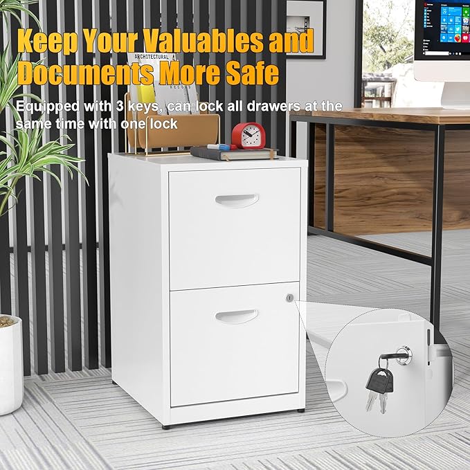 2 Drawer File Cabinet with Lock, Metal Two Drawer Vertical Filing Cabinets, 18" Deep White Filing Cabinet for Home Office, Steel Light Duty Storage for Letter-Size Files - Assemly Required
