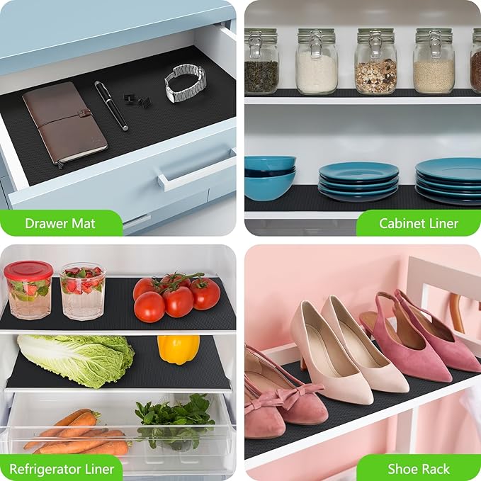 Black Shelf Liners for Kitchen Cabinets Non Adhesive Drawer Liner for Bathroom Waterproof Refrigerator Liners for Shelves Fridge Plastic Mats Cabinet Cupboard Liner 23.6 x 236.2 Inches