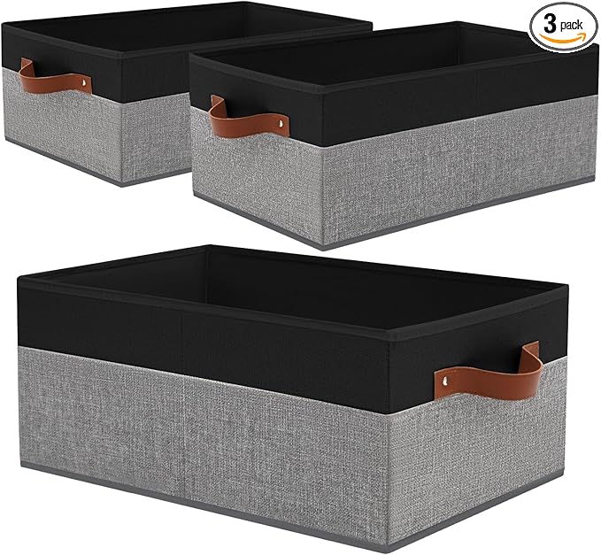 3 Pack Large Capacity Storage Bins Closet Organizer for Shelves, Fabric Closet Storage Baskets Boxes with Leather Handles for Organizing Clothes, Sheets, Jeans, Toys, Books (Black and Grey)