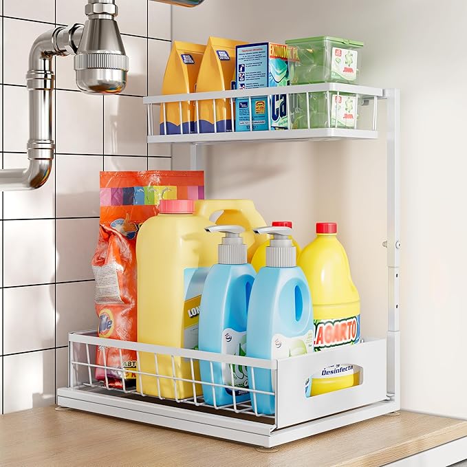 Under Sink Organizer and Storage, Height Adjustable Cabinet Organizer with Slide Out Drawer, Pull Out Under Sink Storage, Multi-Purpose 2 Tier Sink Shelves for Kitchen Bathroom Pantry (White, 1 Pack)