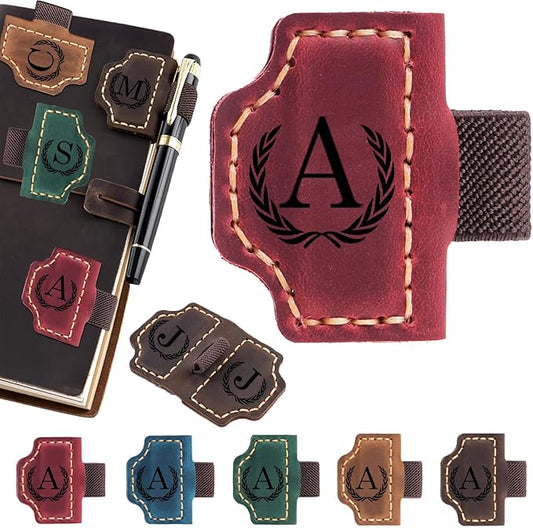 Personalized Magnetic Leather Bookmark with Pen Holder - 26 Letters Custom Book Mark Clip Notebook Pencil Loop with Initials Book Marker for Readers, Book Lovers, Artist - Gift for Women Men (Red，A)