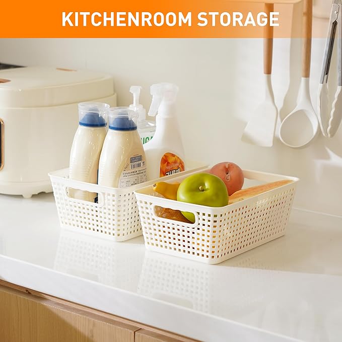 Plastic Storage Baskets With Lid, Storage Bins for Organizing, Stackable Decorative Containers for Shelves Drawers Desktop Closet Playroom Classroom Office, 10 Pack-White