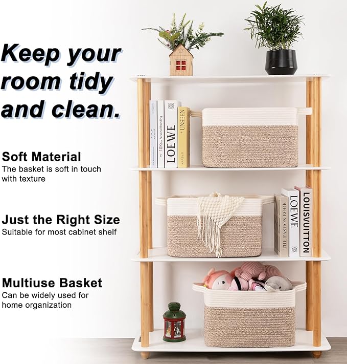 OIAHOMY 3 Pack Storage Baskets for Organizing, 13''X9.85''X8.7'' Storage Bins,Woven Basket with Handles, Toy Storage Bin,Stylish Room Decor Basket, white & Brown variegated