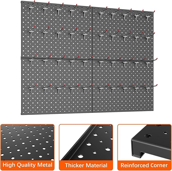 TORACK Metal Pegboard Panels and Hooks for Garage, Workbench, Shop, Shed Tool Organizer Peg Board with 1/8" & 1/4" Holes, Modular Wall-Mounted Pegboard with Pegboard Hooks(Black)