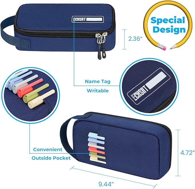 ECHSRT Big Pencil Case, Aesthetic Portable Zipper Pencil Bag with Hidden Pocket, Special Pouch for Men Women Adults, Stationery Organizer Pen Cases for Office Travel, Blue