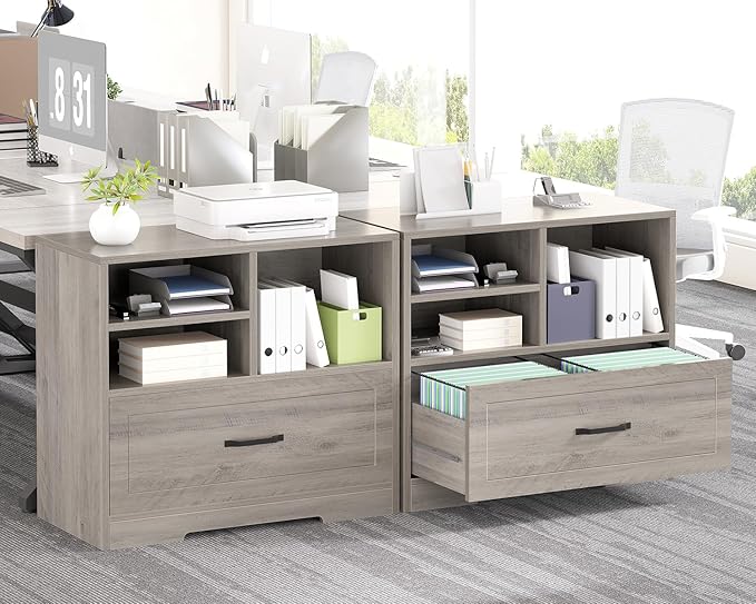 LVB Lateral Wood File Cabinet with Drawer, Farmhouse Printer Filing Cabinet with Storage for Legal Letter A4, Wooden Printer Stand with Hanging File Organizer Shelves for Home Office, 32.7 in, Greige