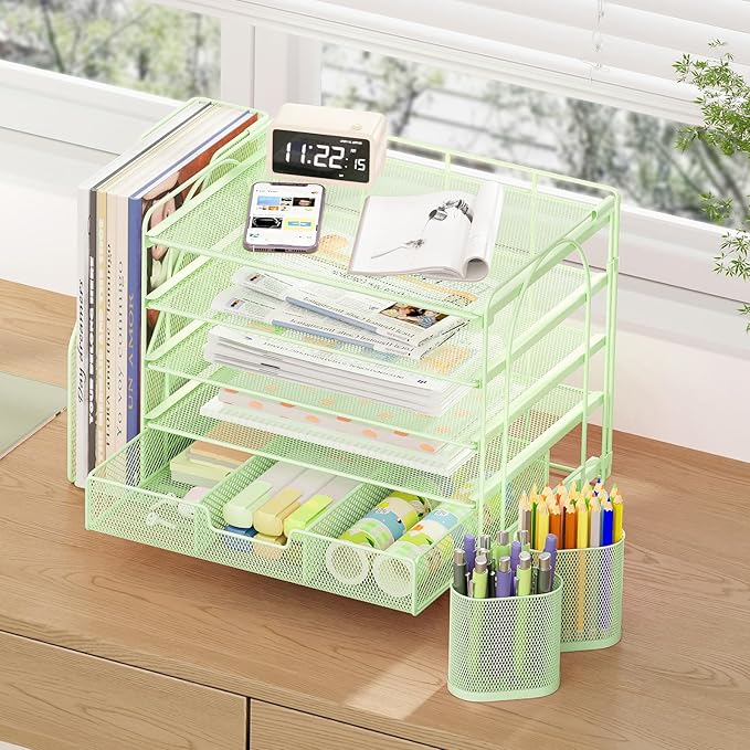 Desk Organizers and Accessories, 5-Tier Paper File Organizer with Drawer & Pen Holder, Office Desk Accessories Workspace Desktop Organizer for Office Supplies((Green)
