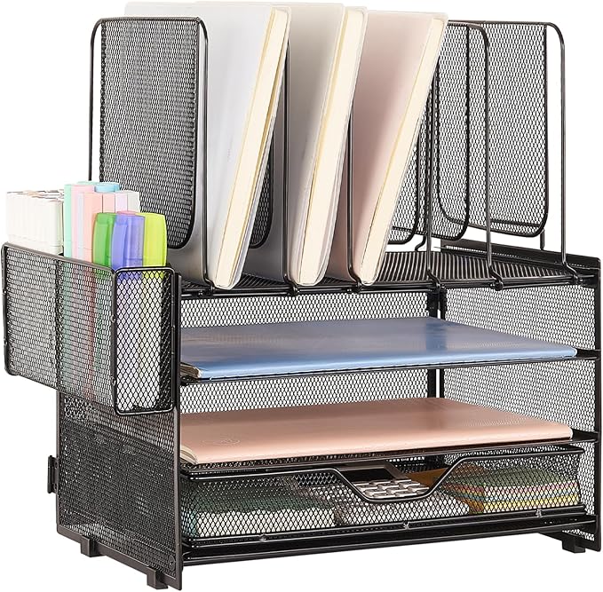 Desk Organizers and Accessories, 3-Tier Paper Organizer with 5 Vertical File Holders, File Organizer for Desk (Black With Drawer, 3T With Drawer)