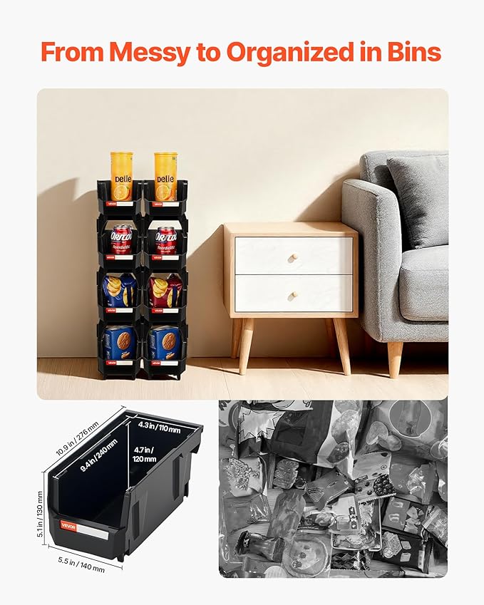 VEVOR Plastic Stackable Storage Bins, 10.9 x 5.5 x 5.1 inch (8 Pack), Plastic Containers for Organizing and Storage Bins for Closet, Garage, Small Parts, Office Supplies and Other Accessories, Black