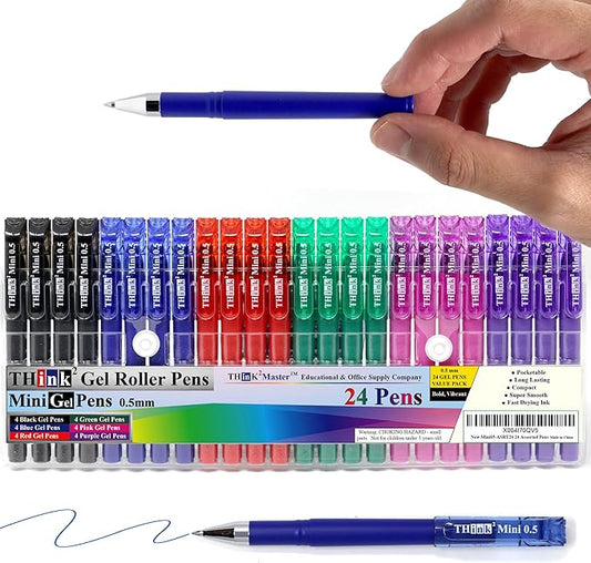 THINK2MASTER [24 Pens - 4 Black, 4 Blue, 4 Red, 4 Green, 4 Pink, 4 Purple Ink Think2 Pocketable Mini Gel Pens. Assorted Colors Fine Point (0.5mm) Small Rollerball Pens