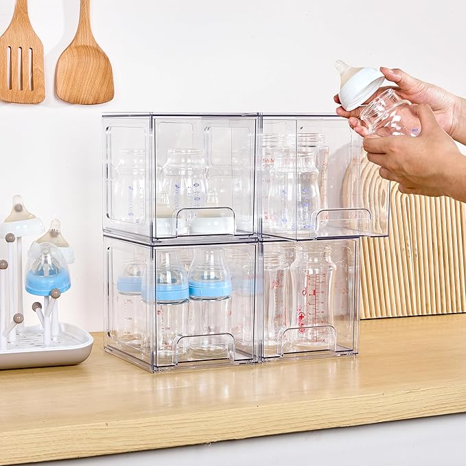 Vtopmart 8 Pack Stackable Under Sink Organizer Drawers, Clear Acrylic Storage Bins for Kitchen and Bathroom Cabinets, Baby Bottles, Cleaning Supplies, 6.6'' Tall Space-Saving Drawer System