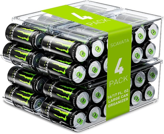 4 Pack Tall Skinny Can Organizer for Refrigerator, Stackable Large Soda Cans of 16oz & 17oz Beverage Energy Drink Container Holder Dispenser with Lid for Fridge, Clear Storage Plastic Bins