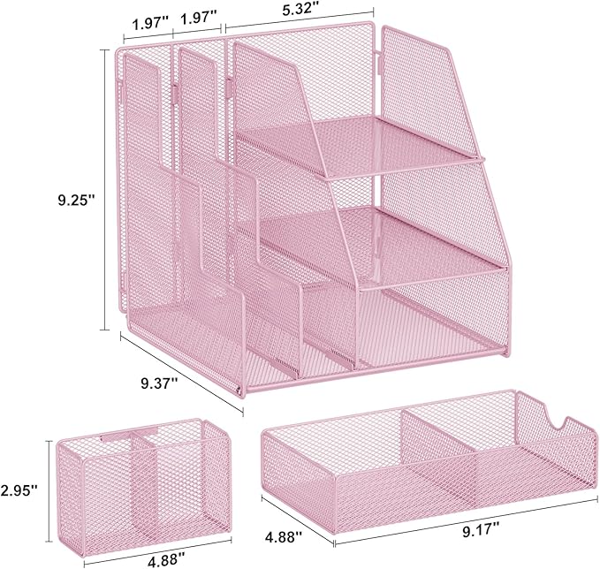 Marbrasse Desk Organizer and Accessories, 3-Tier File Organizer with Drawer and Pen Holder, Small Desktop Organizer and Storage for Workspace Office Supplies Pink