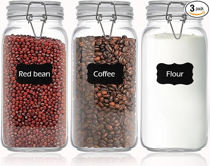 Clear Food Storage Jars 78oz Square, Airtight Glass Canister with Lids Set of 3, Kitchen & Pantry Organization Food Storage Container for Canning, Sugar, Flour, Candy, Cereal, Coffee