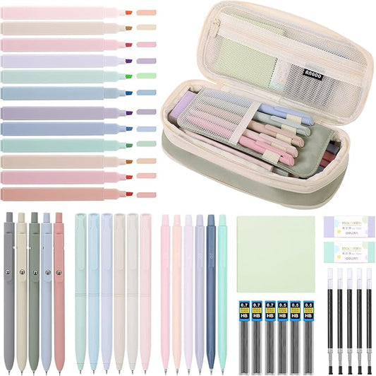SKYDUE Cute School Supplies 44 PCS, Aesthetic Pencil Case with 12 Pastel Highlighters, 5 Black Gel Pens, 6 Color Gel Pens & Mechanical Pencils, College Essentials Students Stationary Set Green