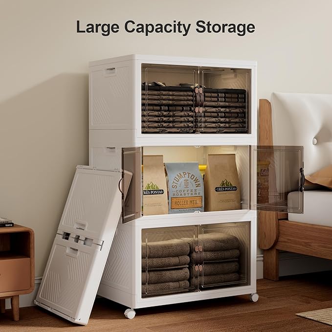 JOYMOOP Folding Storage Bins Organizer, 252 Quart Collapsible Storage Boxes with Wheels and Door, Stackble Plastic Storage Container for Clothing, Books and Sundries (XXL, 21 Gal Per, 3 Tiers)