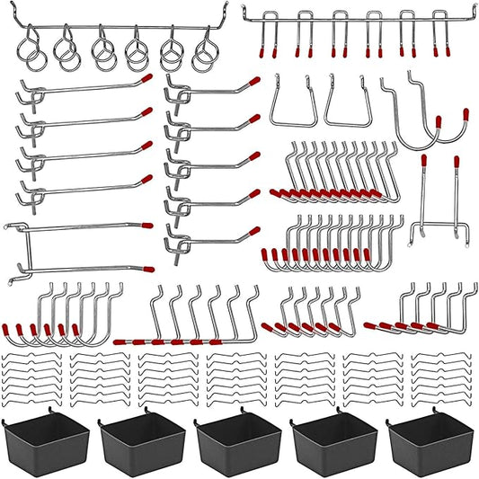 114 pcs Pegboard Hooks Assortment with Metal Hooks Sets, Pegboard Bins, Peg Locks for Organizing Storage System Tools